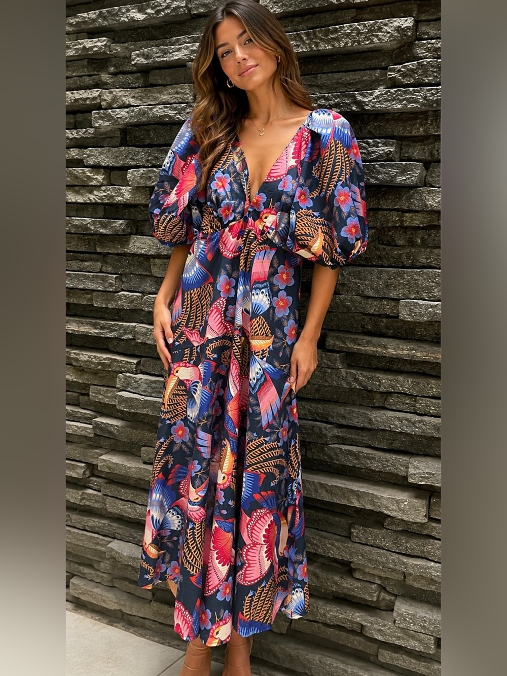 Farm Rio FARM Brazil Borbotucanos Puff Sleeve High-Low Maxi Dress NWT